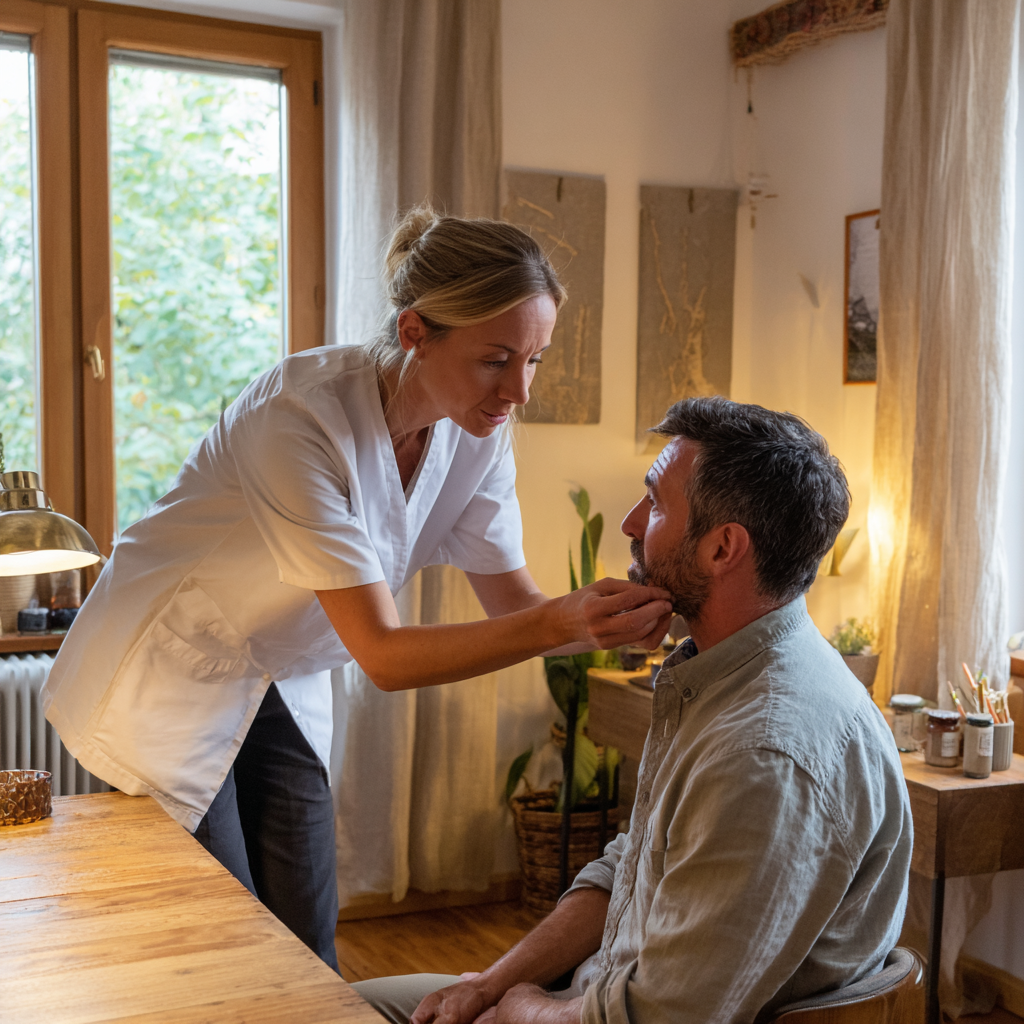 diagnostika jazyka pacient ukazuje jazyk tcm terapeutke