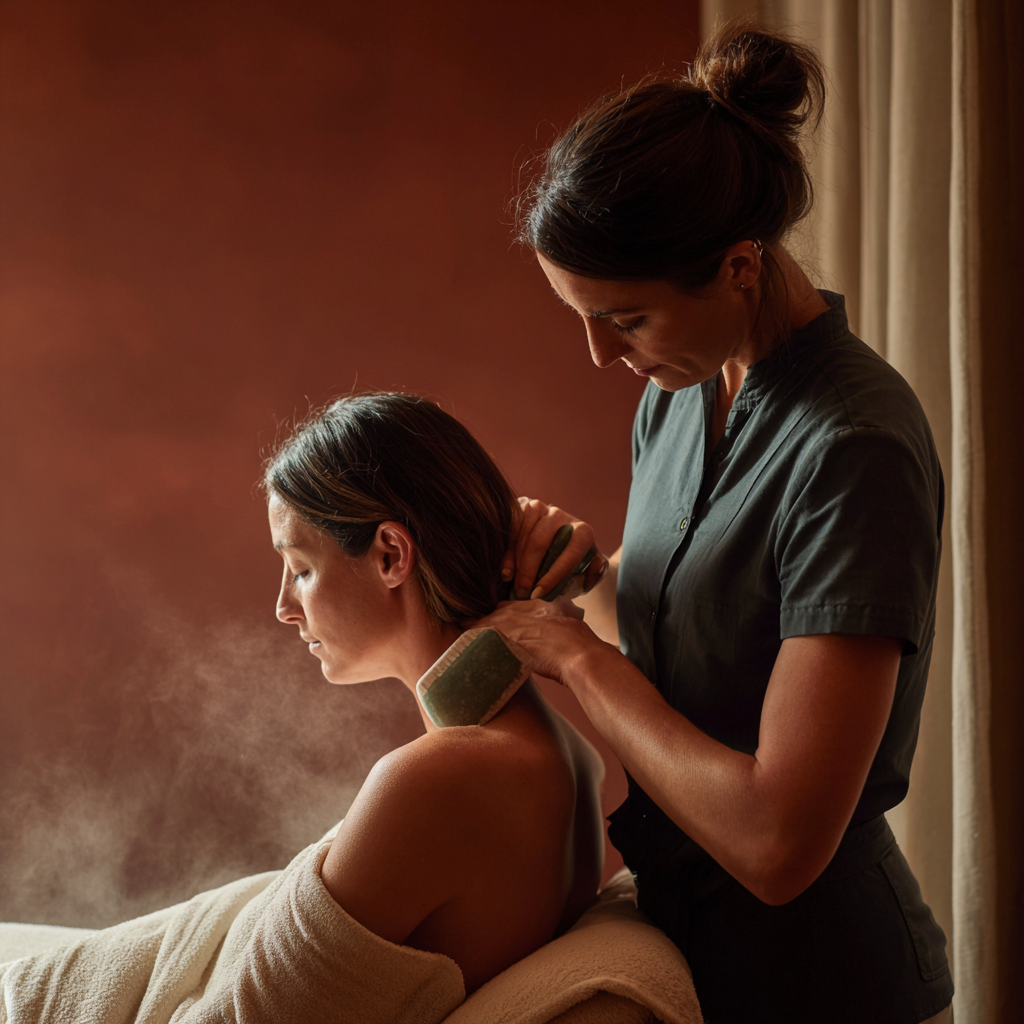 gua sha masaz krku a ramien terapeutka pracuje s klientkou